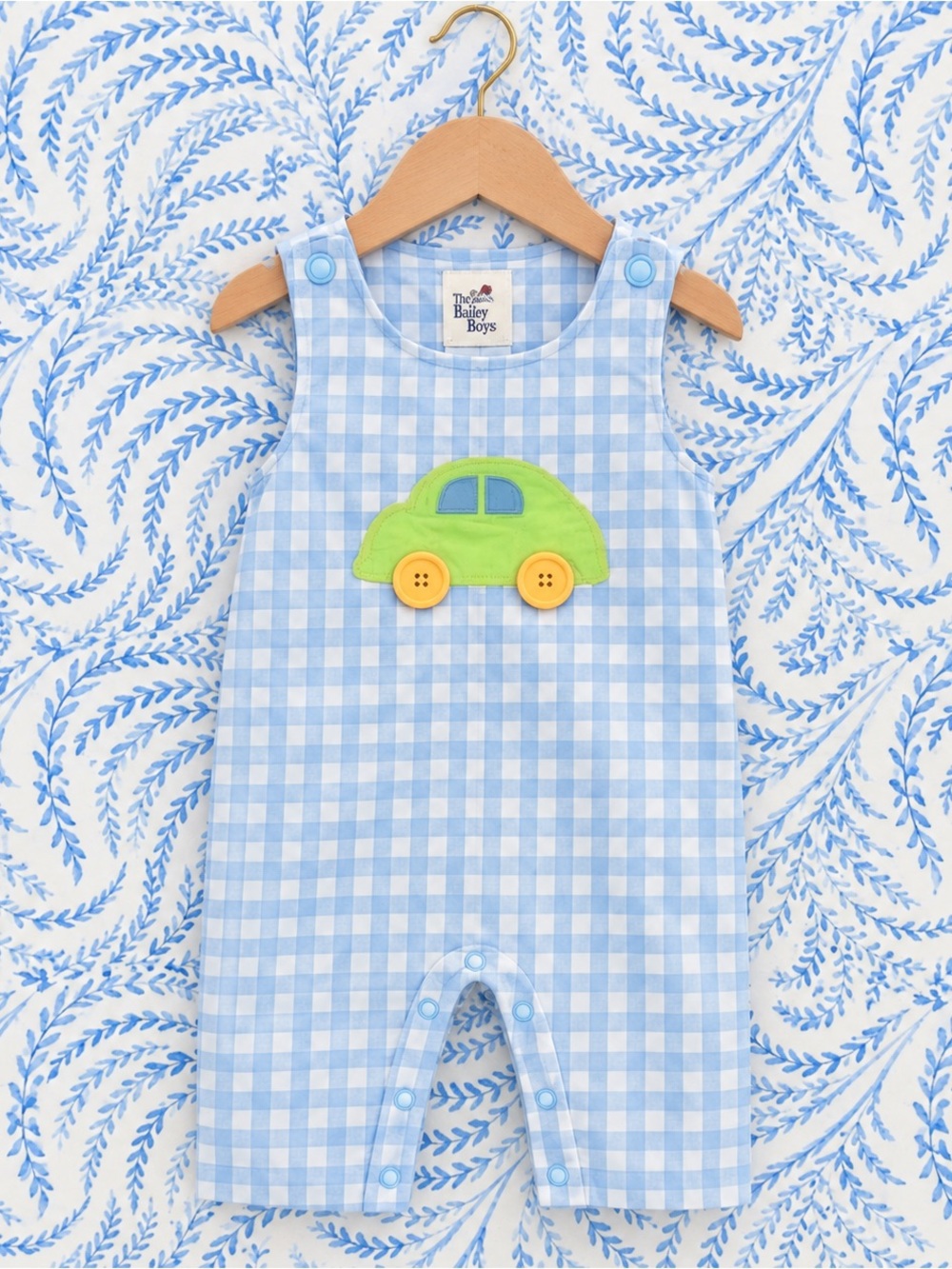 Light Blue Gingham Car Appliqué Romper for Kids